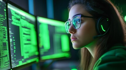 Woman with Headphones Focused on Computer Code