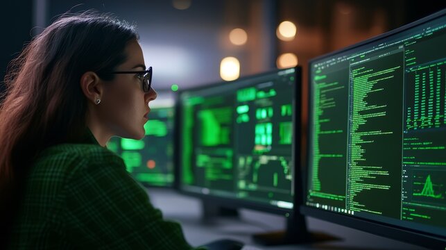 Woman Programmer Working Late Night on Computer with Green Code