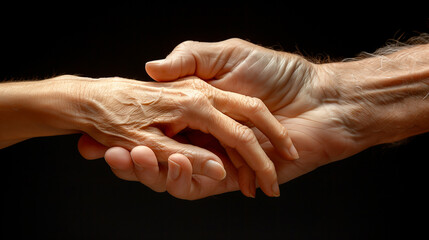 Close-up of young person's hand holding elderly person's hand as sign of caring for seniors against black background.