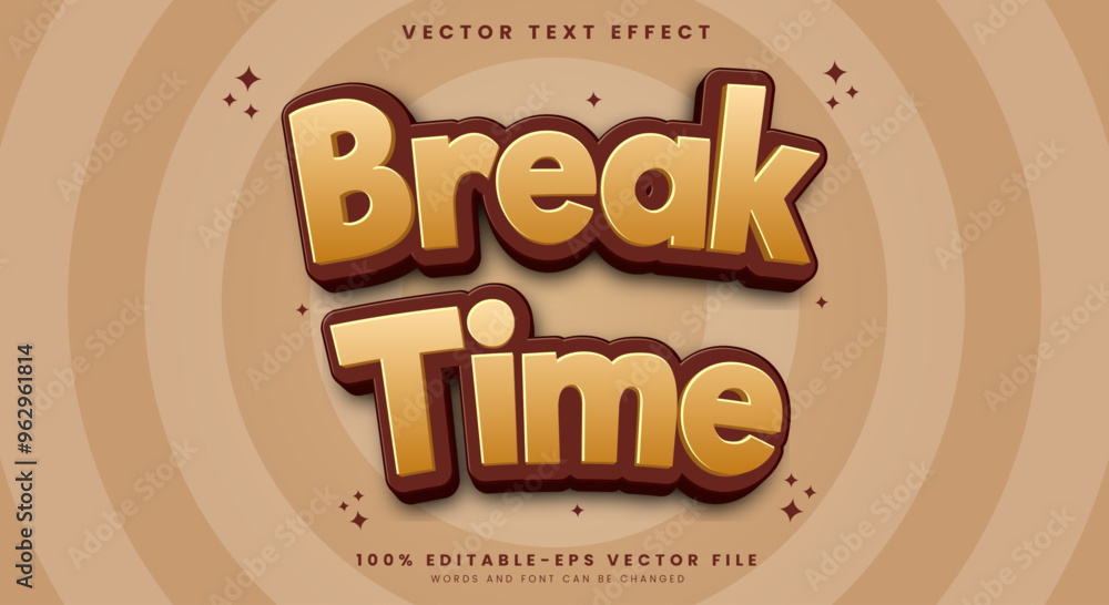 Poster break time editable text effect template with 3d trendy cartoon style