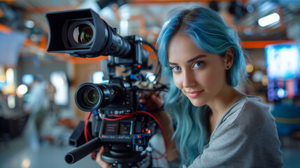 Fototapeta premium Young Caucasian Female Cinematographer With Blue Hair Adjusts Camera Equipment In Modern Studio.