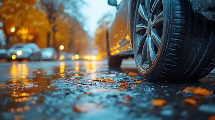 Closeup of a car tire on a wet street with autumn leaves.