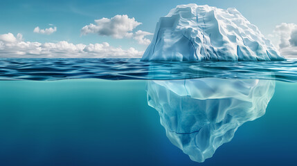 Fototapeta premium Iceberg with its visible and underwater or submerged parts floating in the ocean. 3D rendering illustration.