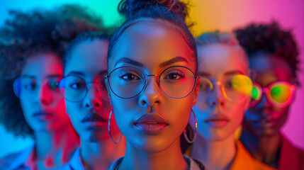 Fototapeta premium Cropped portraits of group of people on multicolored background in neon light.