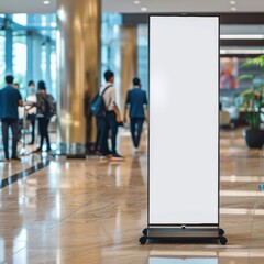 An empty vertical billboard stands prominently in a modern office hallway with blurred people in the background