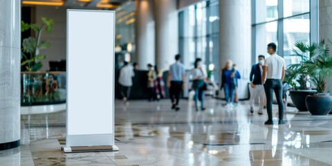 A white sign is in a large room with people walking around.