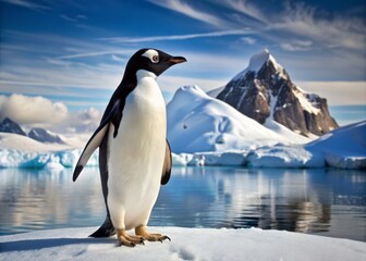Obraz premium A dignified black and white tuxedo-clad penguin stands proudly on icy terrain in Antarctica, surrounded by majestic