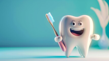 Toy happy smiling healthy teeth holding toothbrush on blue background. Concept of dentistry and healthy teeth