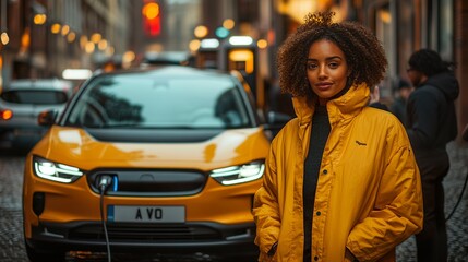 Woman charging her electric car in winter
