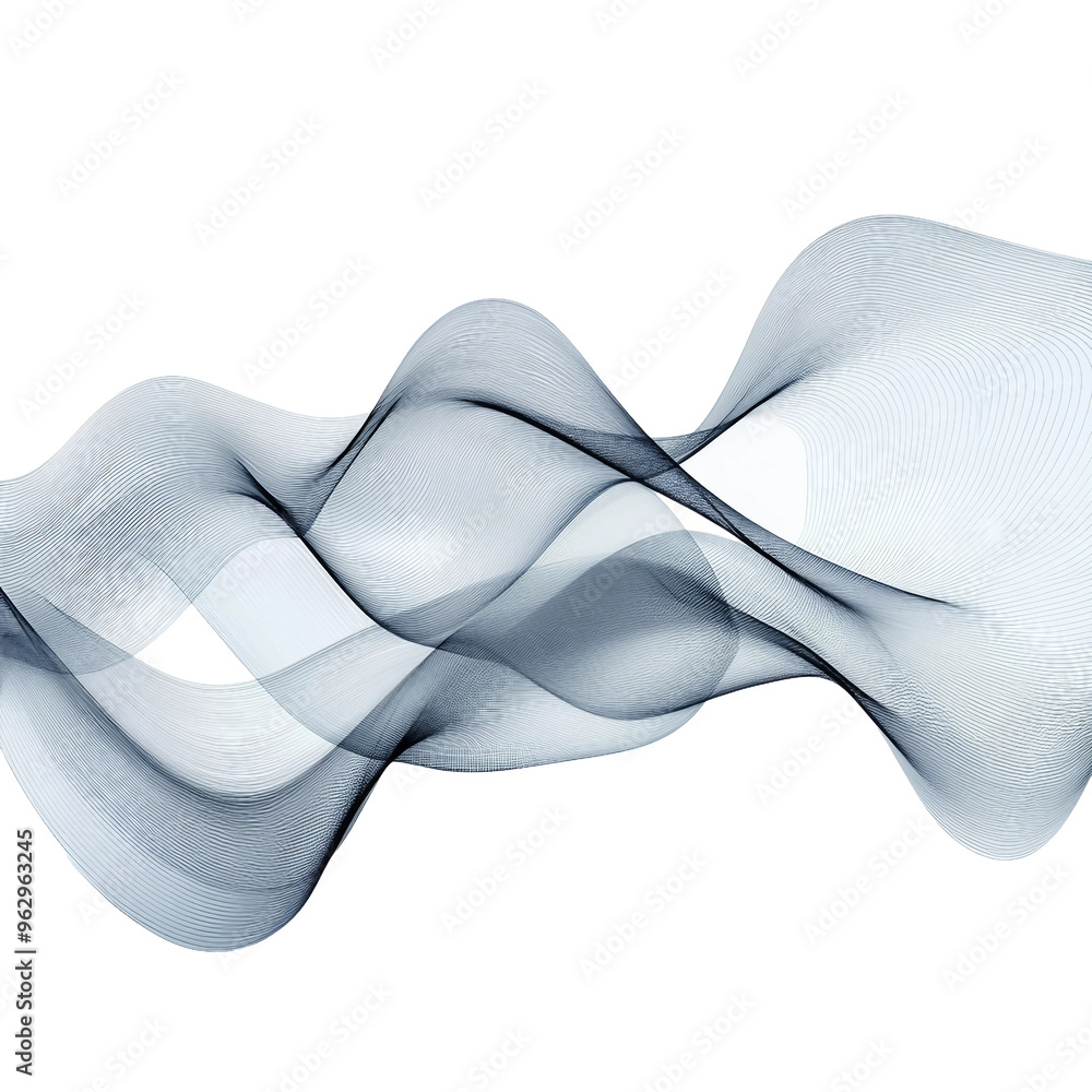 Poster flowing abstract waves in soft gray tones isolated on transparent background