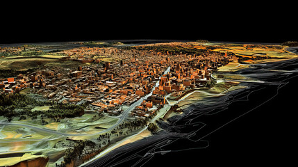 Technical aerial visual, 3D LiDAR GIS aerial map satellite scan model isolated, showing Beira, Mozambique . Elevation, topography, render