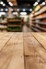Wooden table display in supermarket with blurred background of shelves filled with products. Table top reflects ambient light adding depth to scene. Suitable for product promotion and advertising.