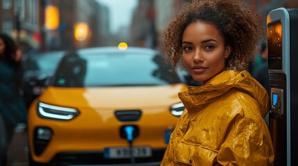 Woman charging her electric car in winter
