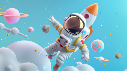 3d render spaceman astronaut flying with rocket 3d illustration design.