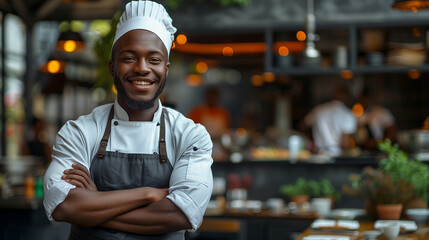Fototapeta premium African young male chef in a chef's hat with arms crossed wears apron standing in restaurant kitchen and smiling.