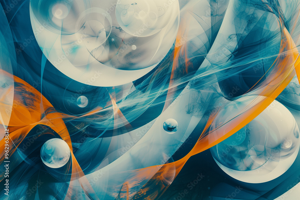 Poster futuristic abstract spheres and swirls design. a digital art creation featuring futuristic abstract 