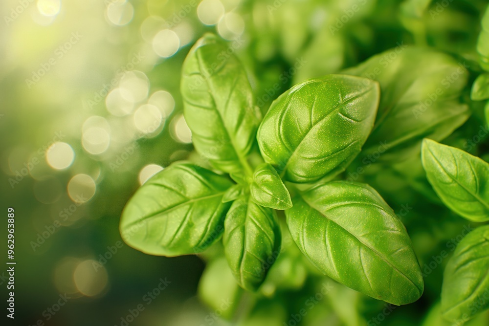 Poster basil plant close-up in garden setting. fresh green leaves arranged fan-like with center off-center.