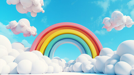 3d cartoon rainbow arch of colors in the sky on white background. 3d product background concept rain season for banner, cover, brochure. 3d rendering illustration.
