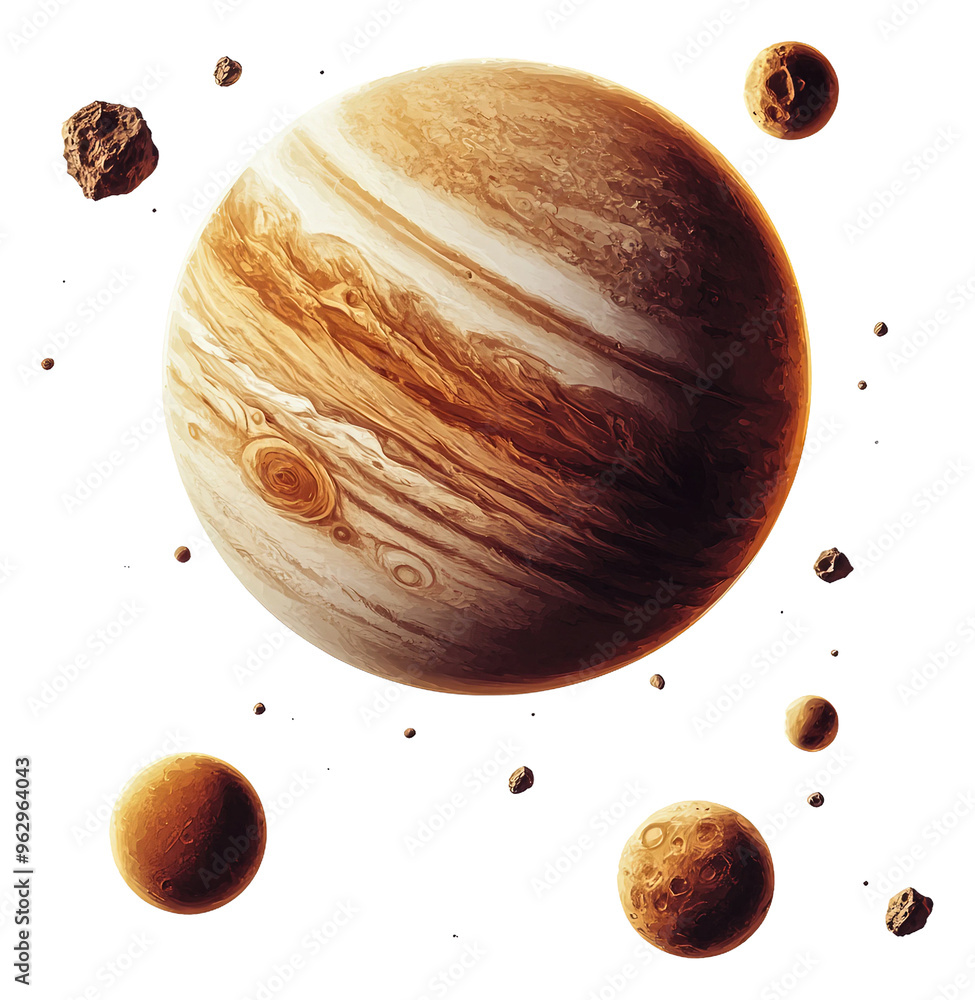 Wall mural jupiter surrounded by its moons and asteroids in deep space isolated on transparent background