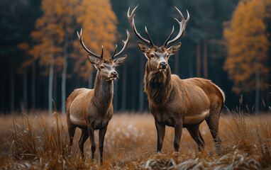 Red deer in the forest, male and female are eating grass. This image was generated by AI