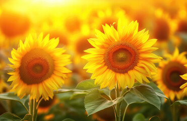 Obraz premium Super closeup shot of sunflowers with beautiful sun lights on it. Created with Ai