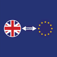 Vector illustration of Brexit concept featuring the UK flag (Union Jack) on the left and the European Union flag on the right, separated by a double-headed arrow with 'BREXIT' in bold text.