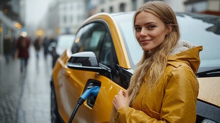 Woman charging her electric car in winter