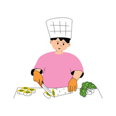 A chef carefully cuts sushi rolls in the kitchen