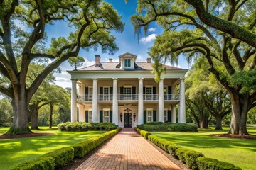 Obraz premium A grand Antebellum mansion boasts white columns and a serpentine driveway amidst a tapestry of lush greenery in