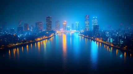 Fototapeta premium An aerial view of a city skyline at night, with a river running through the center and illuminated by streetlights.