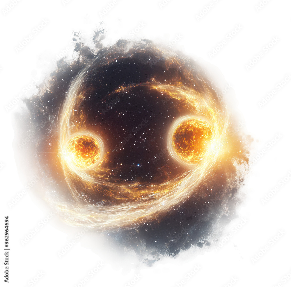 Poster cosmic fusion of two stars creating a smiling face in space isolated on transparent background