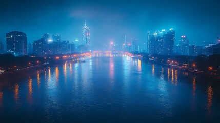Naklejka premium Nighttime cityscape with a river reflecting city lights.