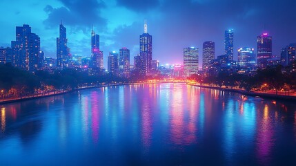 Fototapeta premium A vibrant city skyline reflected in a calm river at dusk.