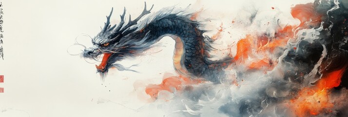 Traditional Chinese Dragon Artwork with Faint Ink Wash, Abstract Simplicity on White Background. Conveys Cultural Elegance and Artistic Conception.
