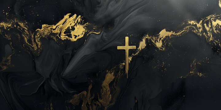 Abstract Christian background with golden cross and black and gold paint stains 