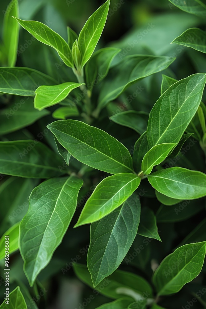Poster close-up of fresh green bay leaves arranged in fan-like pattern with overlapping texture. healthy pl
