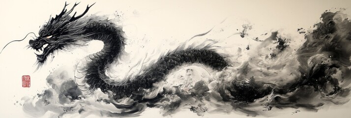 Traditional Chinese Dragon Artwork with Faint Ink Wash, Abstract Simplicity on White Background. Conveys Cultural Elegance and Artistic Conception.