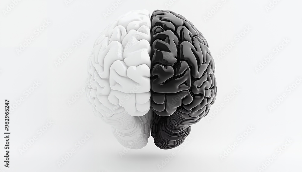Poster a 3d rendering of a human brain split down the middle and colored black on one half and white on the