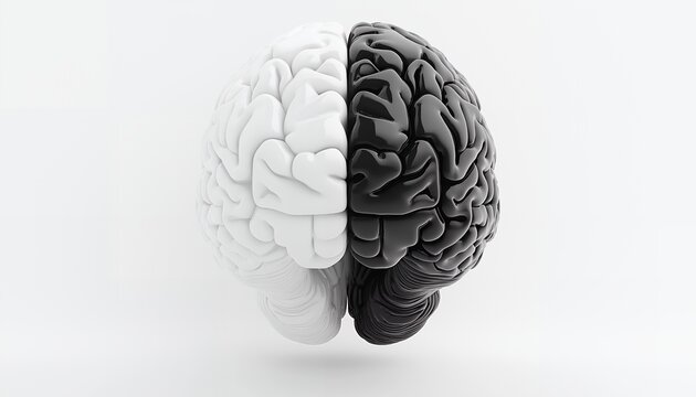 A 3D rendering of a human brain split down the middle and colored black on one half and white on the other.