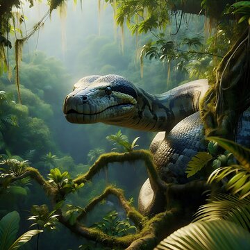 Titanoboa in a lush tropical rainforest, wildlife scene, daytime