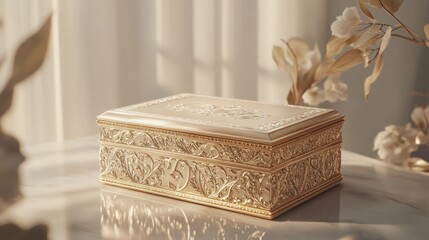 3D illustration of a beautiful engraved jewelry box with custom initials, surrounded by soft light and luxurious textures.