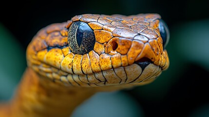 Fototapeta premium A close-up portrait of a yellow snake with black markings, staring directly at the camera.