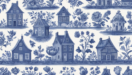 Seamless pattern in traditional Dutch hand painted delft blue and white with houses and flowers.