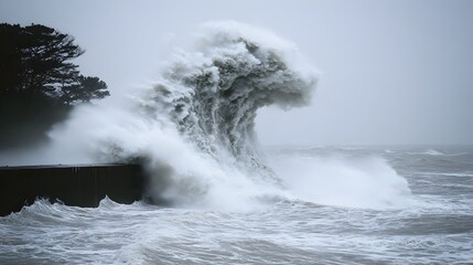 Powerful Waves Crashing Against Coastal Barrier During Approaching Typhoon