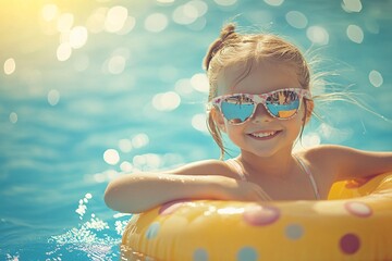 Naklejka premium Young girl enjoying a sunny day in a pool with a colorful float and sunglasses, smiling joyfully amidst sparkling water