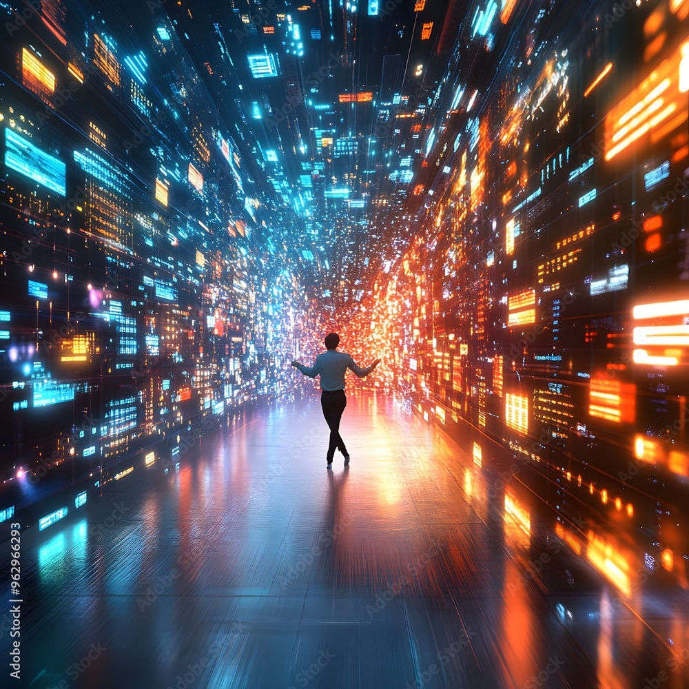 Poster man walking through a digital tunnel of light.