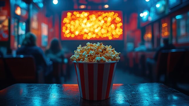 People gather in a cozy theater, captivated by the screen's soft glow while enjoying popcorn