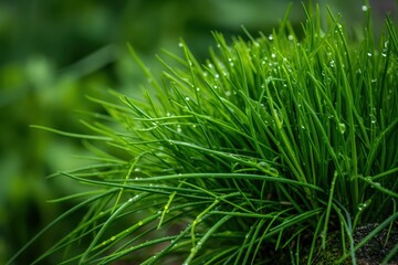 Fresh green chives plant close-up with water droplets on leaves. Garden herb background blurred emphasizing plant prominence. Perfect for food, cooking, and eco-themed projects.