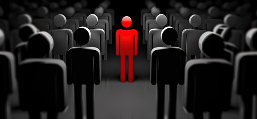One red person stands out from a crowd of black people. Concept of being different, unique, or standing out from the crowd.