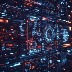 Obraz premium Futuristic Digital Background with Glowing Neon Patterns and Intricate Technological Interfaces